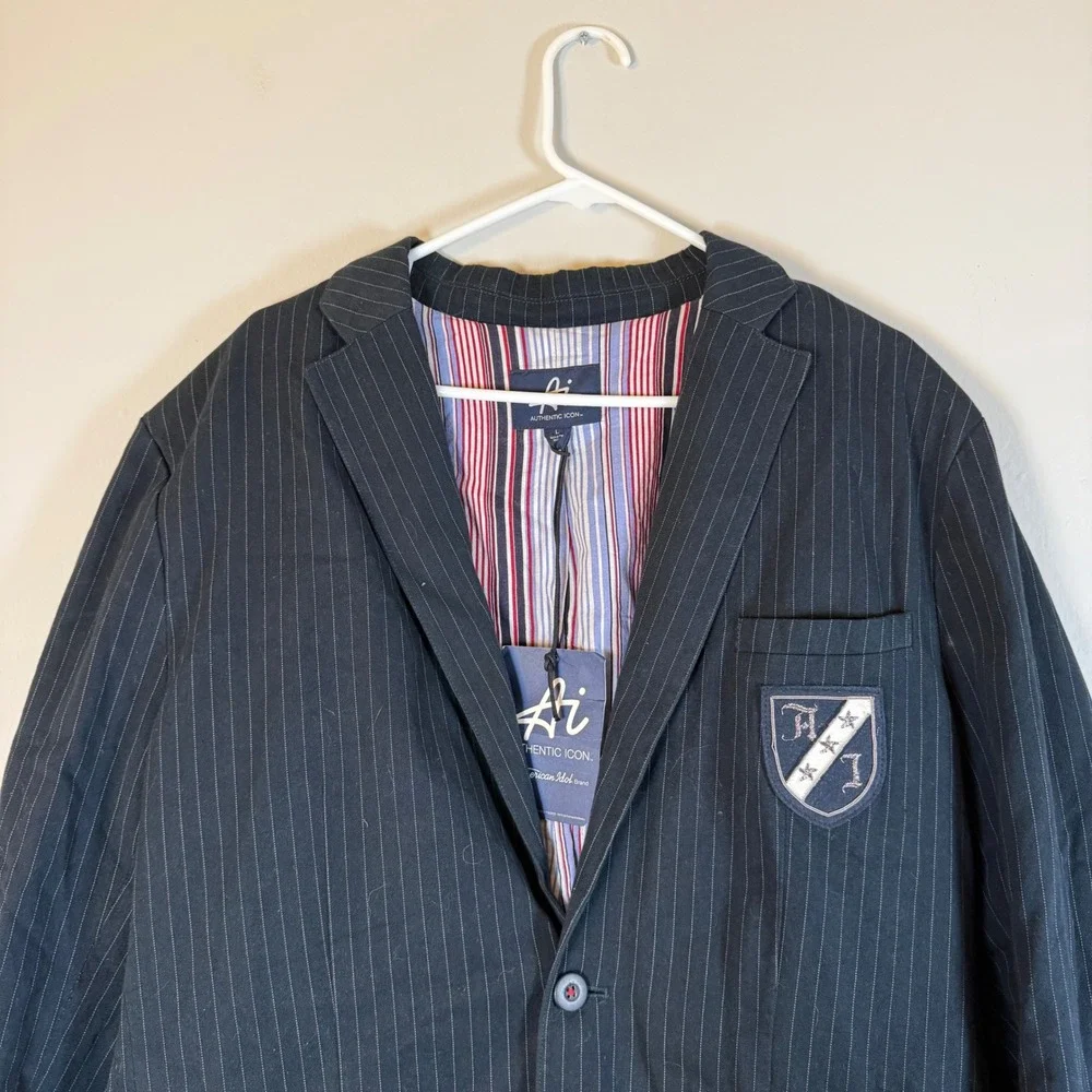 Authentic Icon Mens Black Pinstripe Blazer Crest Patch Lined‎ Size L